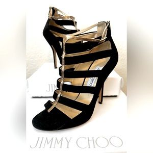 Jimmy Choo Black & Gold Stilletto Suede Strappy Heel, Size 38